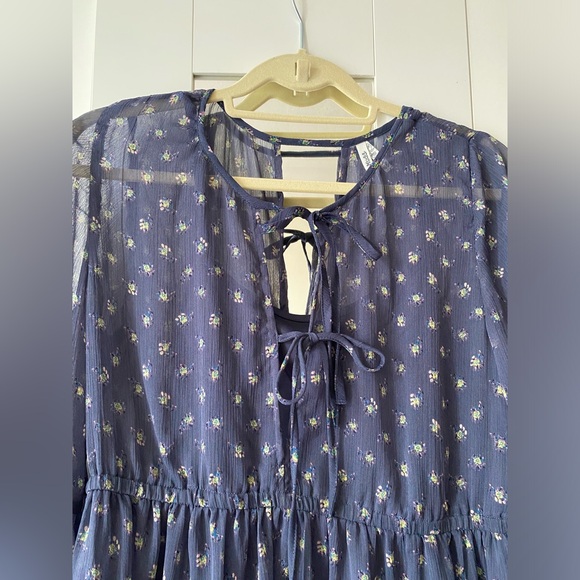 Mudd Women's Dress A-Line Navy Blue Crepe Bishop's Sleeves Peasant - Size L - Picture 7 of 9